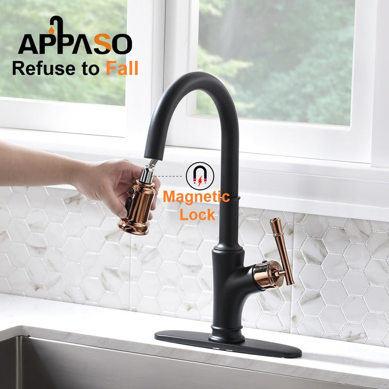 APPASO 135BRG Pull Down Kitchen Faucet Matte Black Rose Gold with Magnetic Docking Sprayer and Soap Dispenser