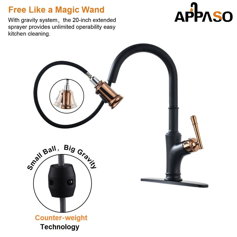 APPASO 135BRG Pull Down Kitchen Faucet Matte Black Rose Gold with Magnetic Docking Sprayer and Soap Dispenser