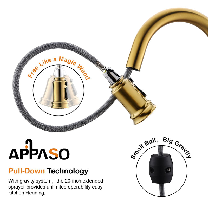 APPASO 135BTG Pull Down Kitchen Faucet Copper Gold with Magnetic Docking Sprayer and Soap Dispenser
