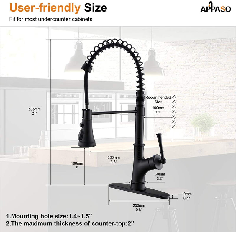 APPASO 138MB Spring Pull Down Kitchen Faucet Commercial Matte Black with Soap Dispenser