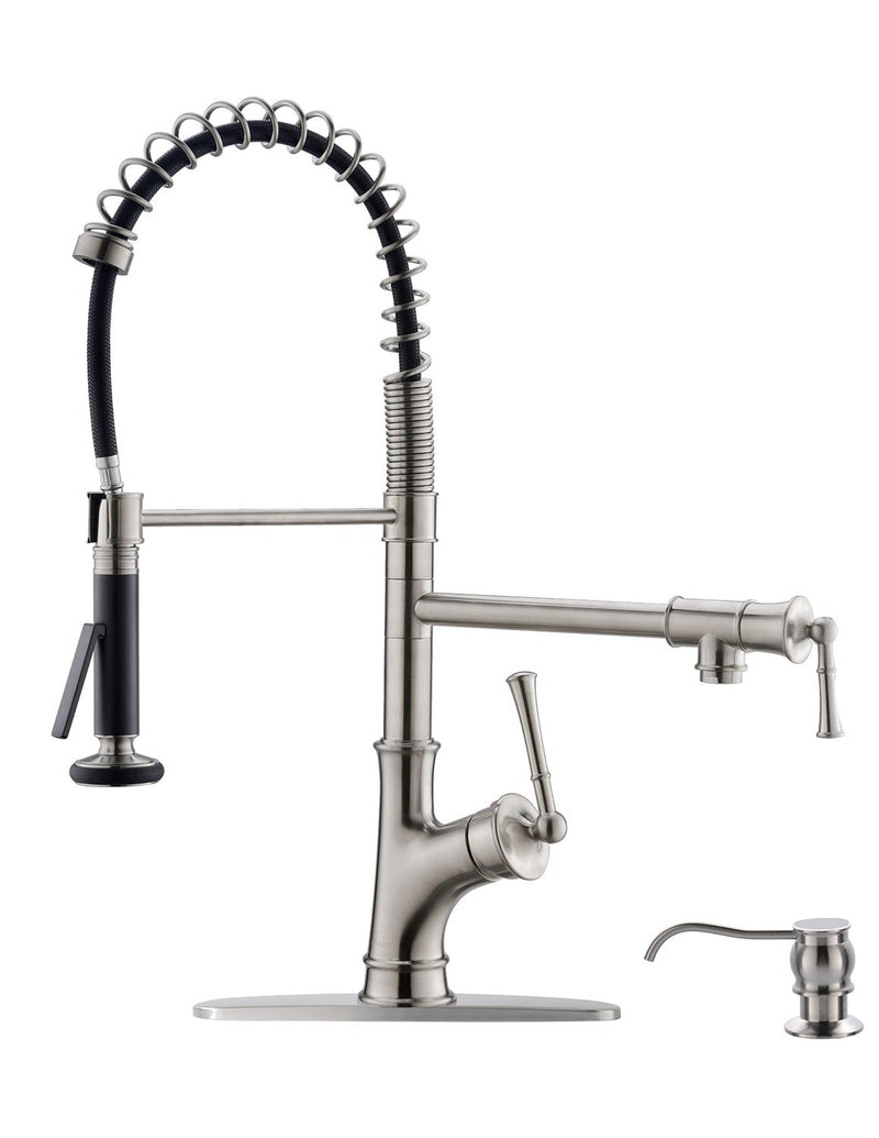 APPASO 139BN Commercial Spring Kitchen Faucet Brushed Nickel Pot Filler with Soap Dispenser