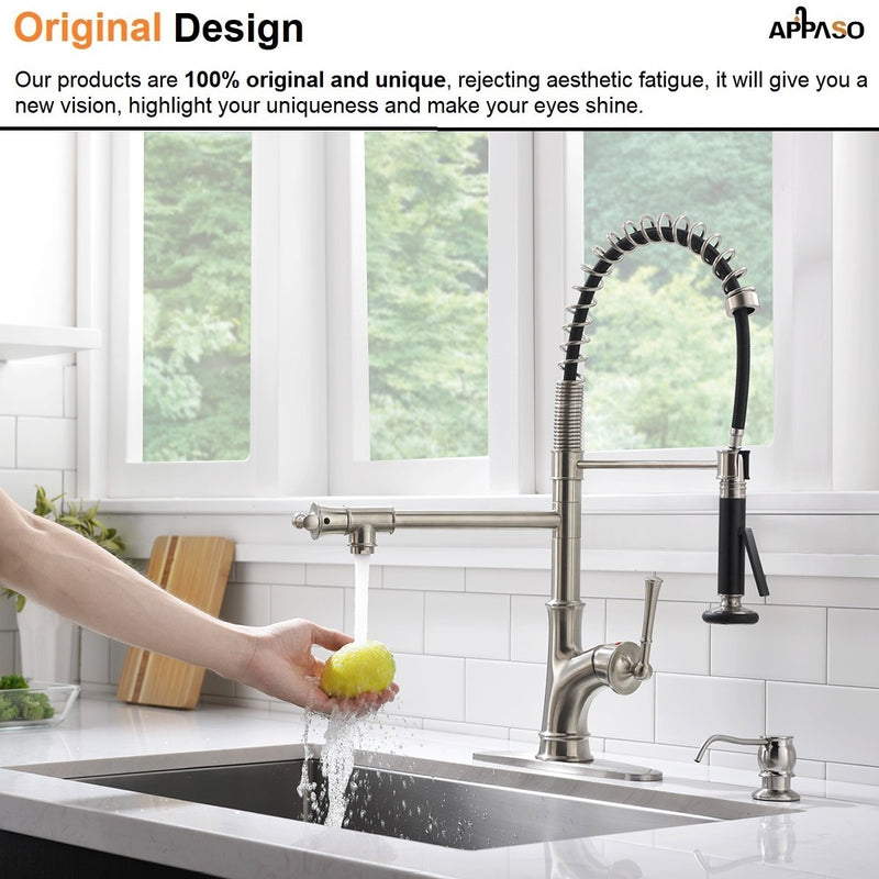 APPASO 139BN Commercial Spring Kitchen Faucet Brushed Nickel Pot Filler with Soap Dispenser