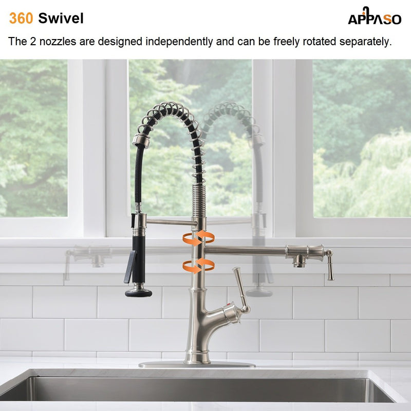 APPASO 139BN Commercial Spring Kitchen Faucet Brushed Nickel Pot Filler with Soap Dispenser