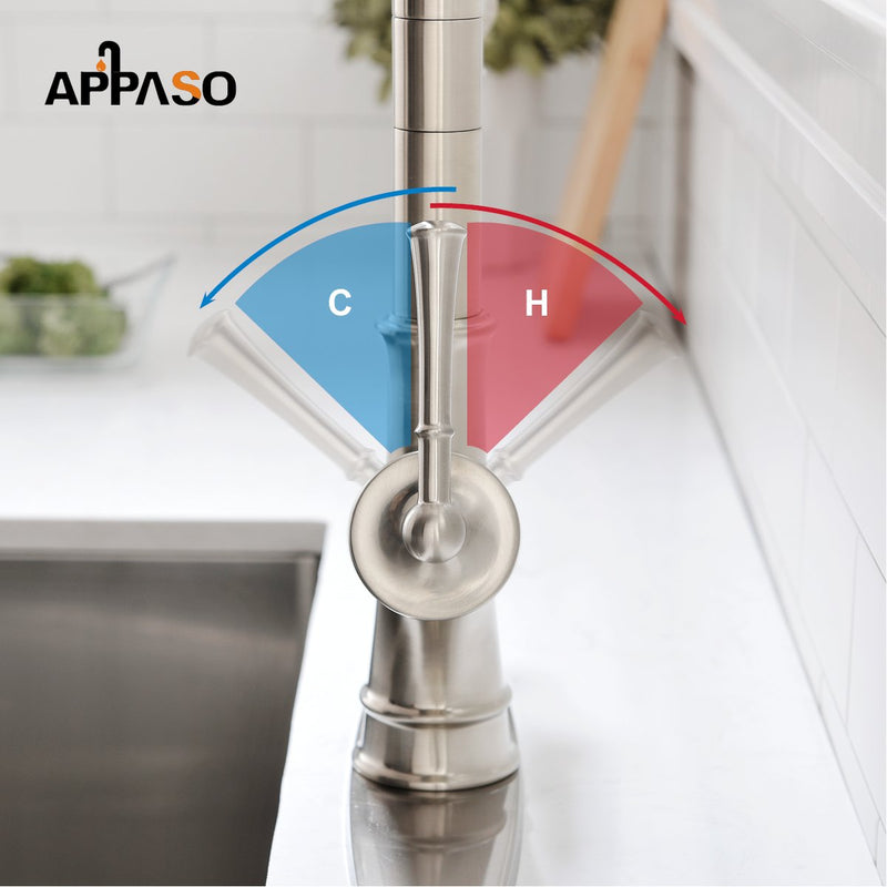 APPASO 139BN Commercial Spring Kitchen Faucet Brushed Nickel Pot Filler with Soap Dispenser