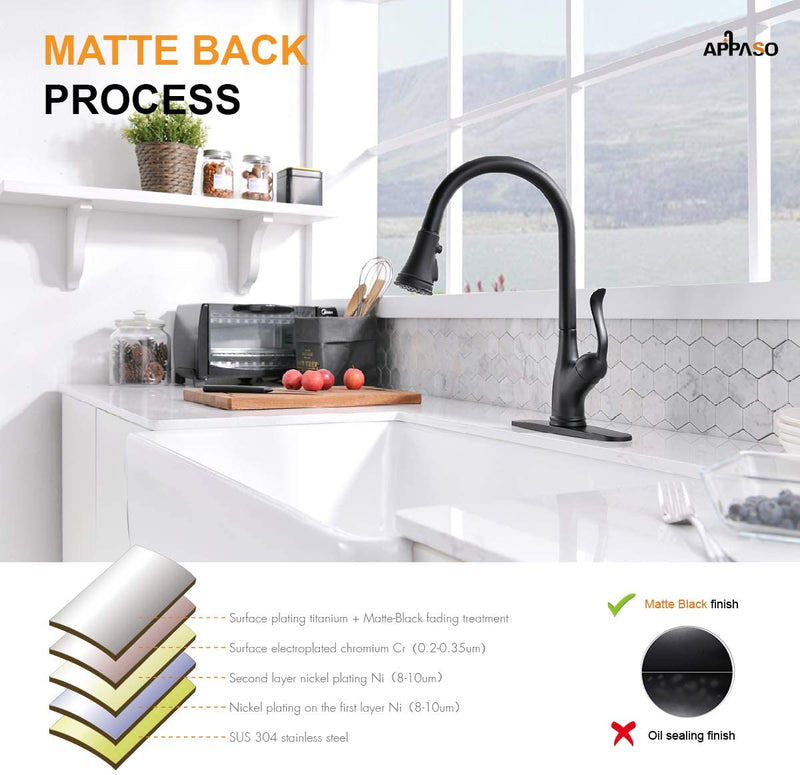 APPASO 148MB Single Handle Pull Down Kitchen Faucet Matte Black Single Hole