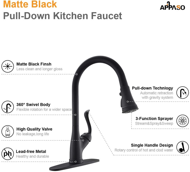 APPASO 148MB Single Handle Pull Down Kitchen Faucet Matte Black Single Hole