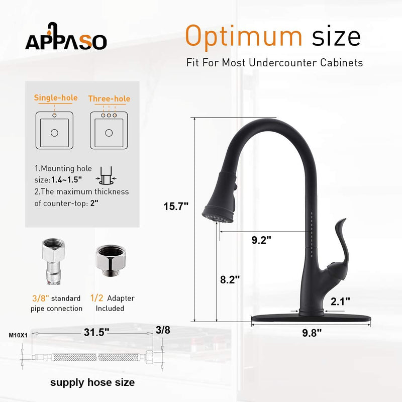 APPASO 148MB Single Handle Pull Down Kitchen Faucet Matte Black Single Hole