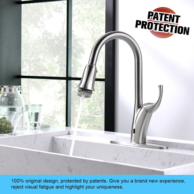 APPASO 150TL-BN Touchless Kitchen Faucet Brushed Nickel Motion Sensor Activated Hands-free with Brush