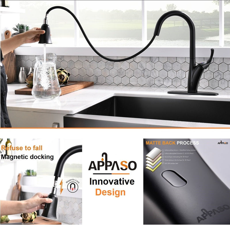 APPASO 150TL-MB Touchless Kitchen Faucet Matte Black Motion Sensor Activated Hands-free with Brush