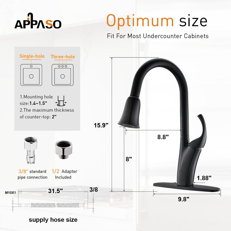 APPASO 150TL-MB Touchless Kitchen Faucet Matte Black Motion Sensor Activated Hands-free with Brush