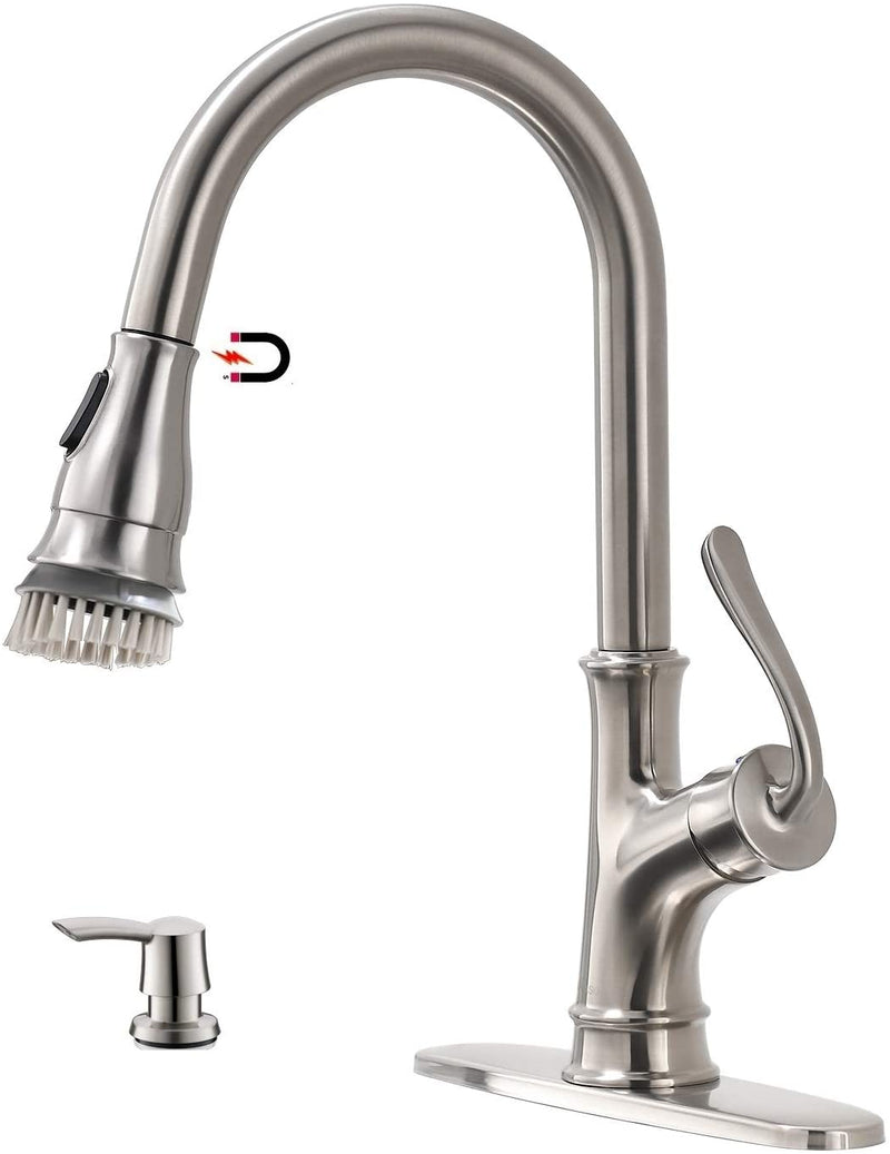 APPASO 159BN Brushed Nickel Kitchen Faucet with Pull Down Sprayer, Soap Dispenser and Brush