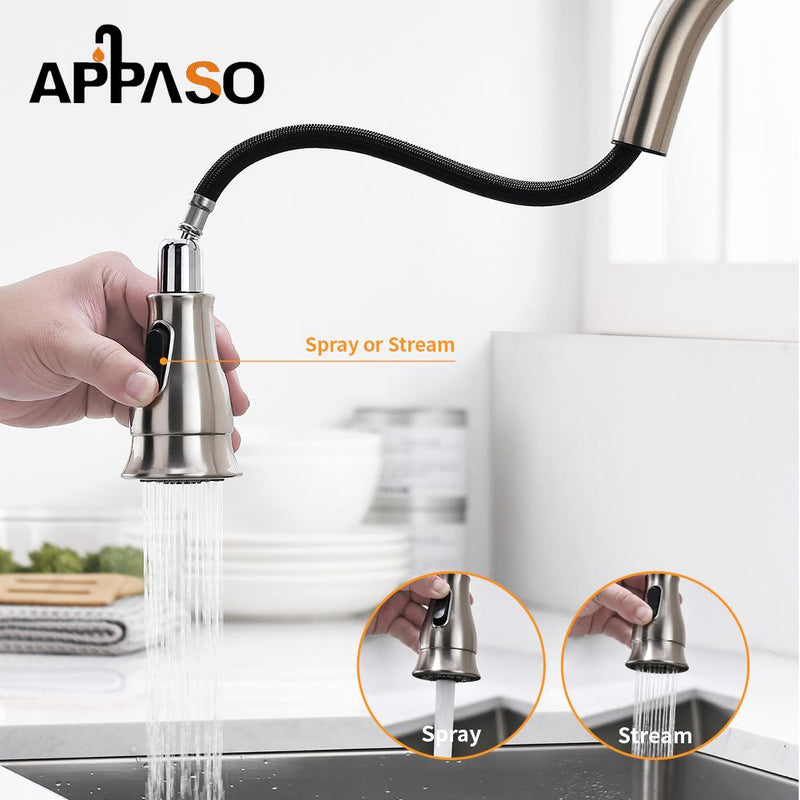 APPASO 159BN Brushed Nickel Kitchen Faucet with Pull Down Sprayer, Soap Dispenser and Brush