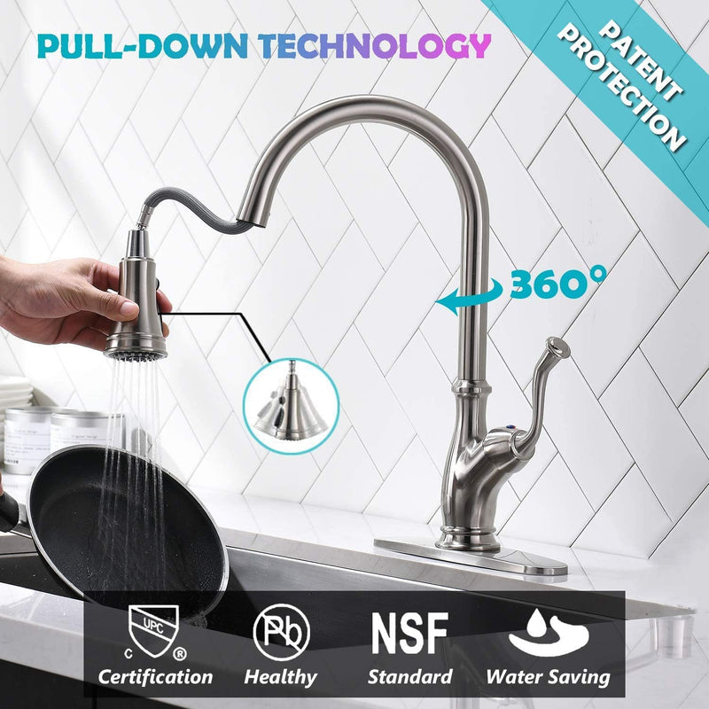 APPASO 175BN High Arc Kitchen Faucet Brushed Nickel with Pull Down Magnetic Docking Sprayer