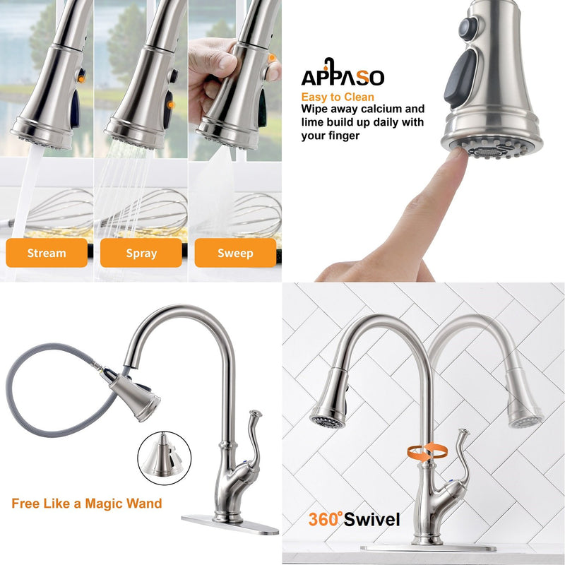 APPASO 175BN High Arc Kitchen Faucet Brushed Nickel with Pull Down Magnetic Docking Sprayer