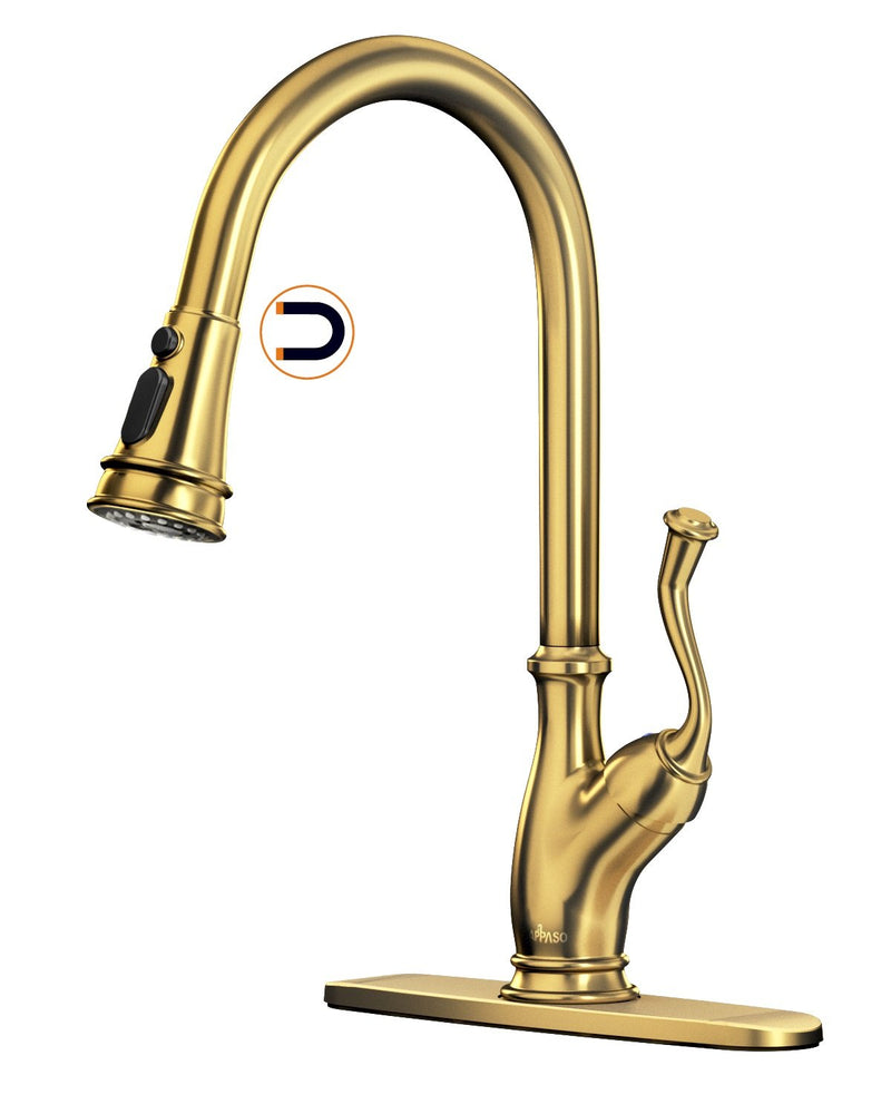 APPASO 175BTG Antique Pull Down Kitchen Faucet Gold High Arc Magnetic Docking with Deck Plate