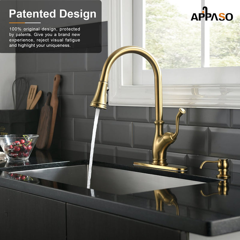 APPASO 175BTG Antique Pull Down Kitchen Faucet Gold High Arc Magnetic Docking with Deck Plate