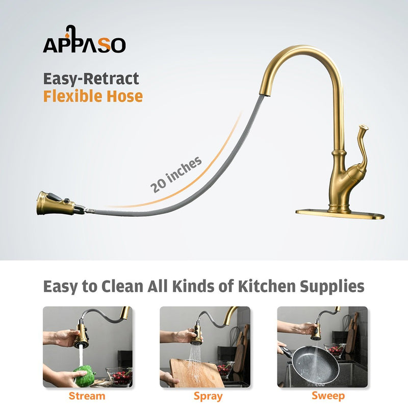 APPASO 175BTG Antique Pull Down Kitchen Faucet Gold High Arc Magnetic Docking with Deck Plate