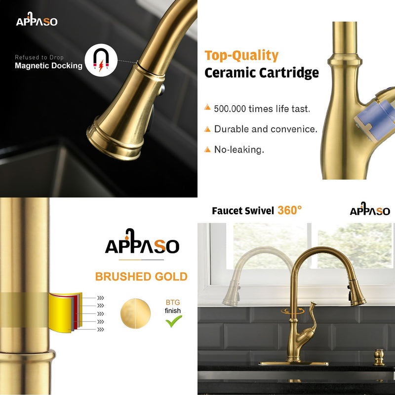 APPASO 175BTG Antique Pull Down Kitchen Faucet Gold High Arc Magnetic Docking with Deck Plate