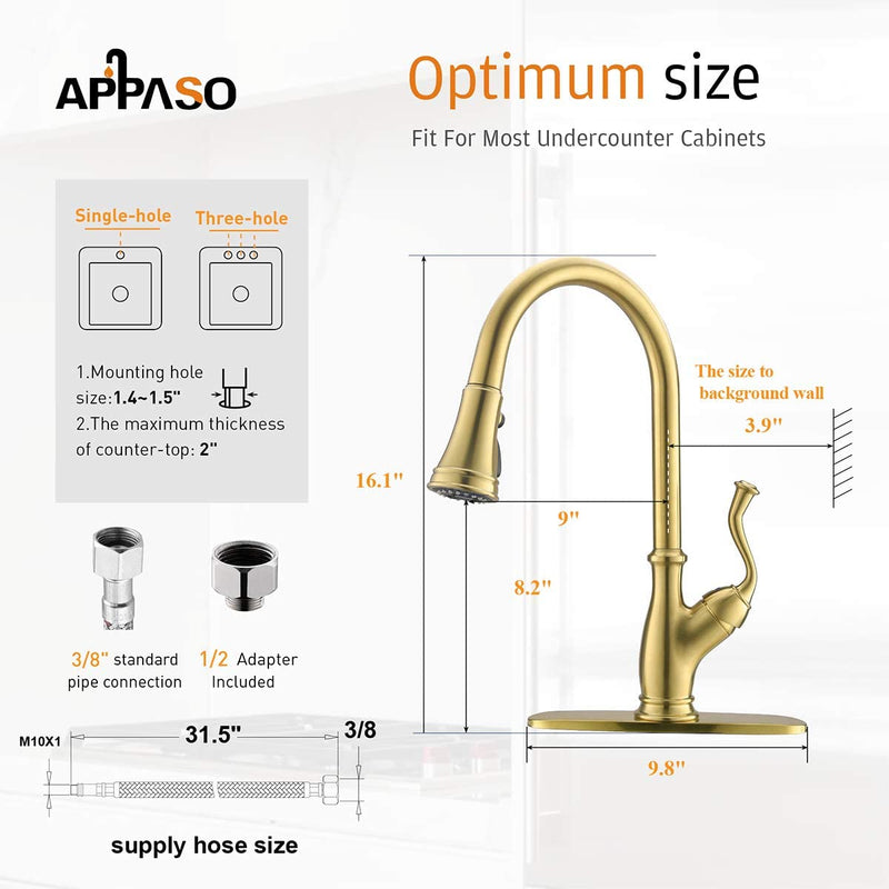 APPASO 175BTG Antique Pull Down Kitchen Faucet Gold High Arc Magnetic Docking with Deck Plate