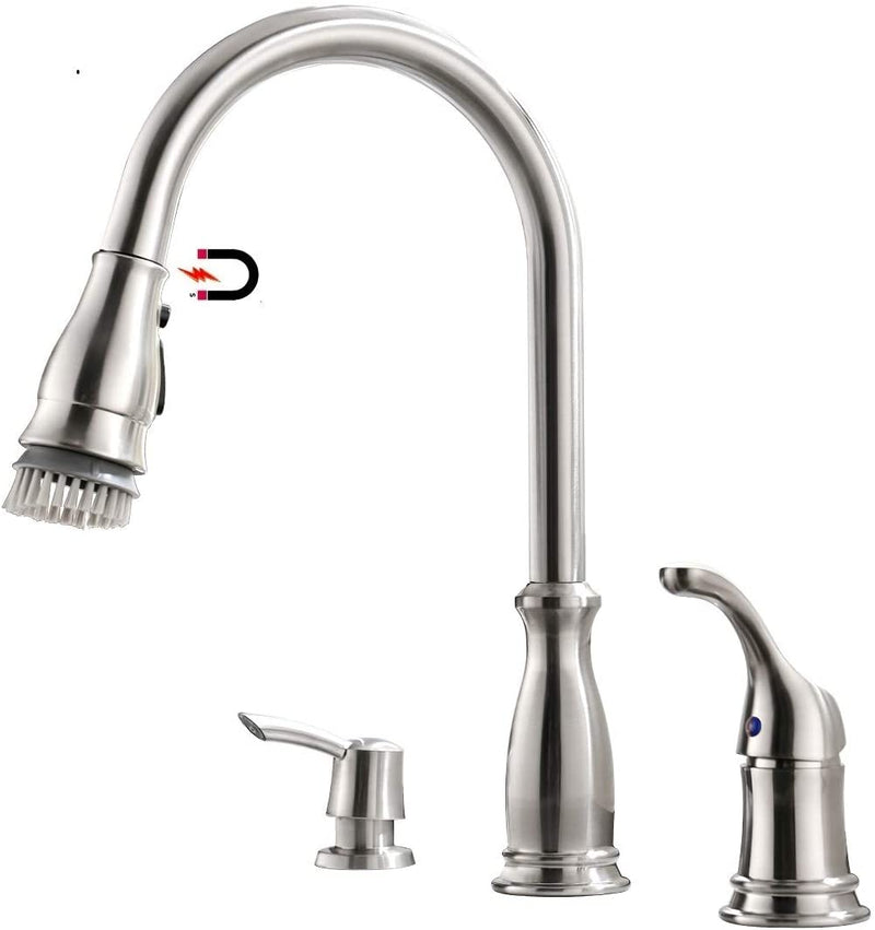 APPASO 211BN 3 Hole Kitchen Faucet Brushed Nickel with Pull Down Magnetic Docking Sprayer