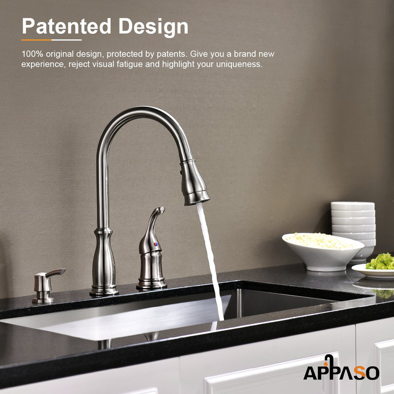 APPASO 211BN 3 Hole Kitchen Faucet Brushed Nickel with Pull Down Magnetic Docking Sprayer