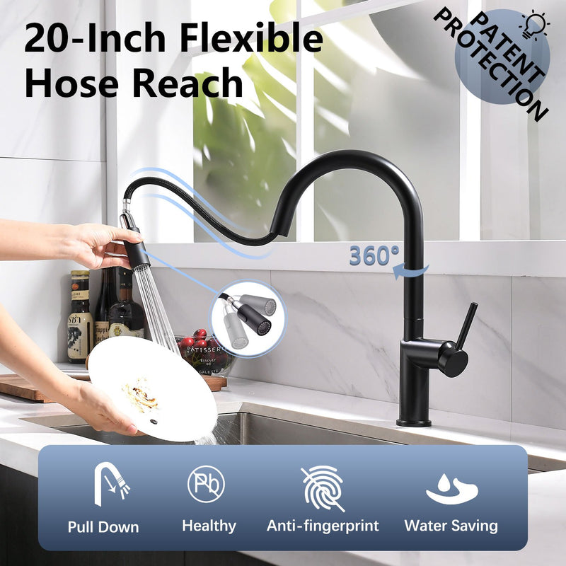 APPASO 232-MB Modern Swan-Neck Kitchen Faucet Matte Black with Magnetic Docking Multi-Flow Sprayer