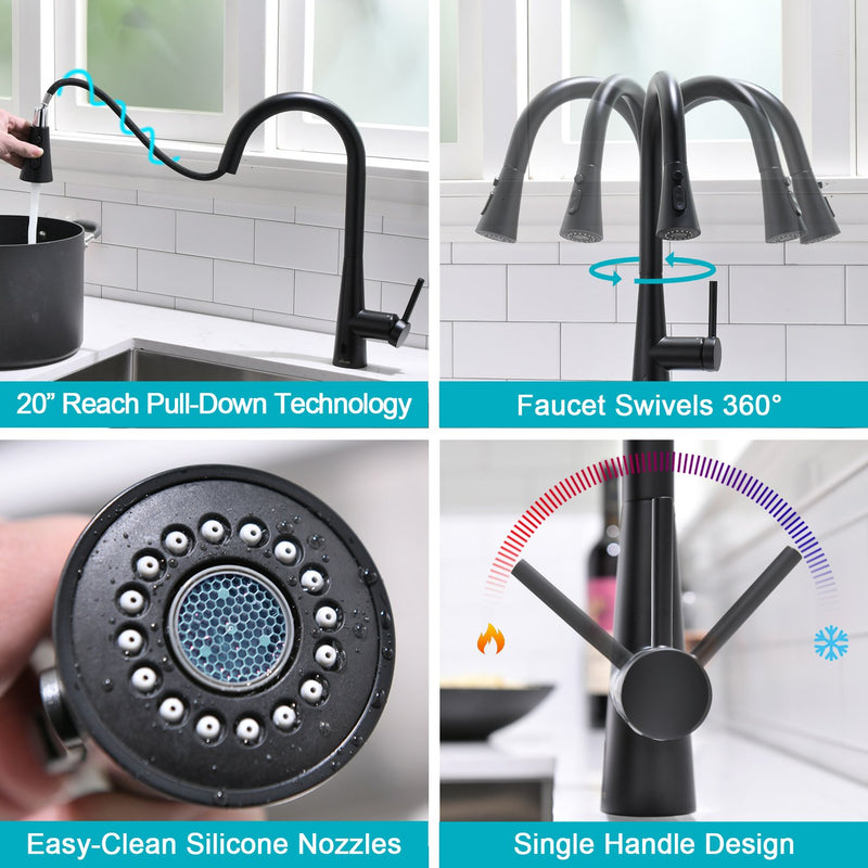 APPASO 243TL-MB Touchless Pull Down Smart Kitchen Faucet Modern Matte Black Motion Sensing Activated
