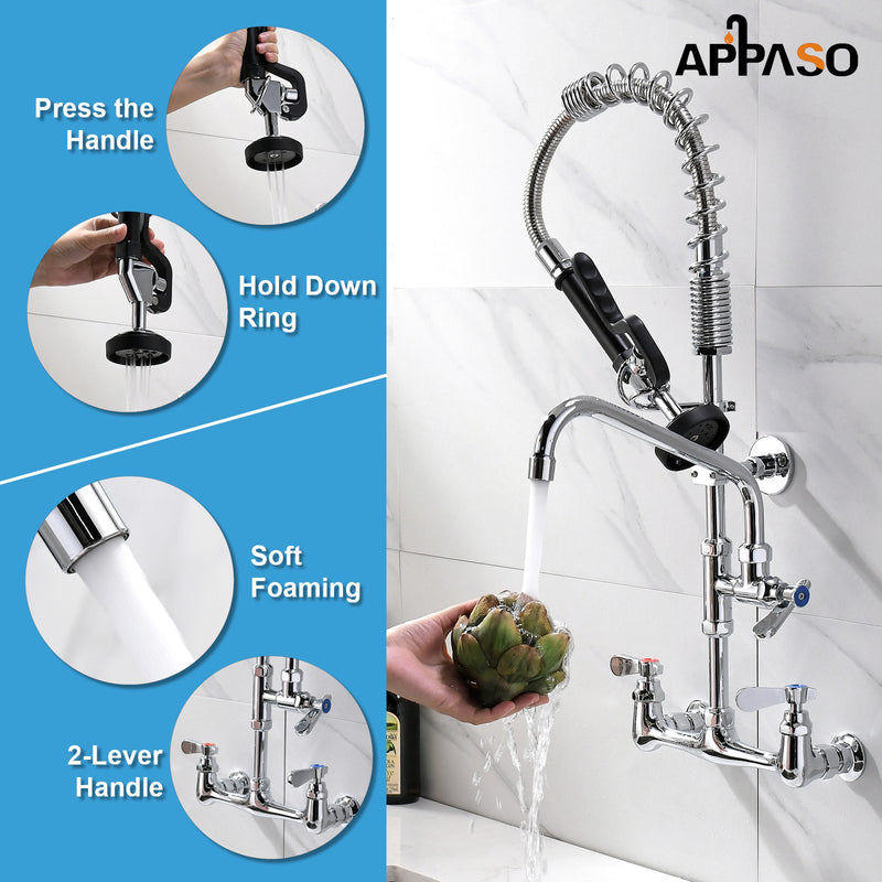 APPASO 249CP Commercial Sink Faucet Chrome with Pre-Rinse Sprayer Wall Mount for Restaurant Industrial