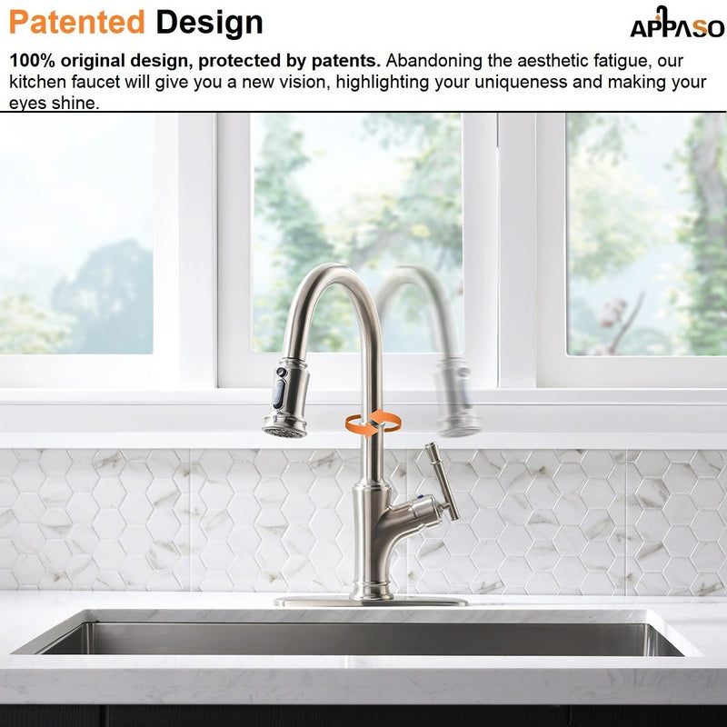 APPASO 135BN Pull Down Kitchen Faucet Brushed Nickel with Magnetic Docking Sprayer and Soap Dispenser