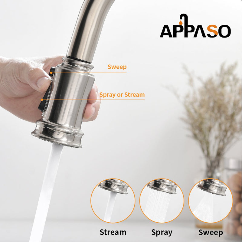 APPASO 135BN Pull Down Kitchen Faucet Brushed Nickel with Magnetic Docking Sprayer and Soap Dispenser