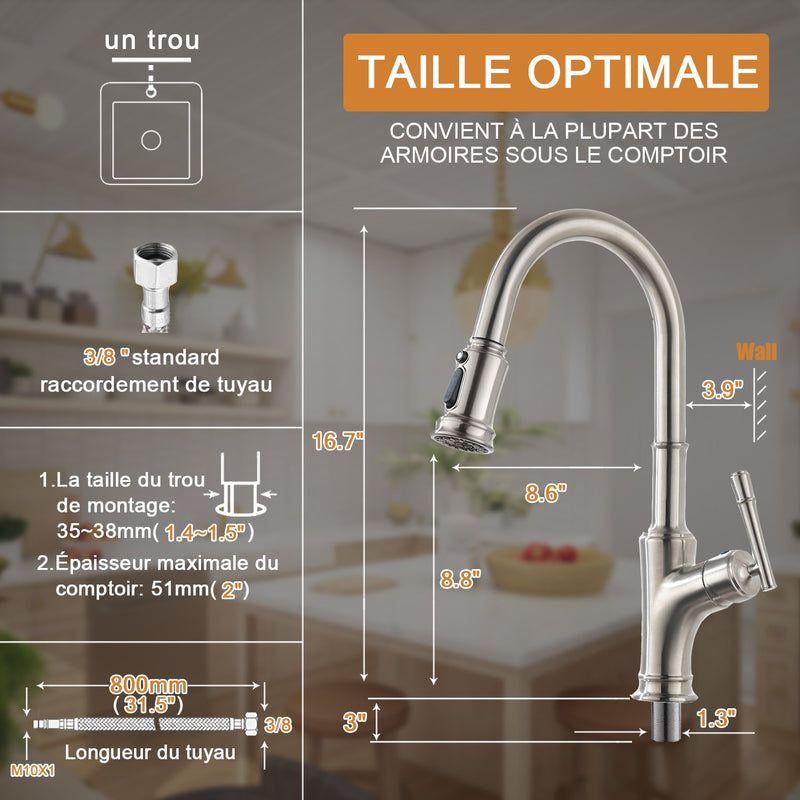 Robinet de Cuisine APPASO avec Douchette Extractible Mitigeur de Cuisine 3 Jets Brossé Argent