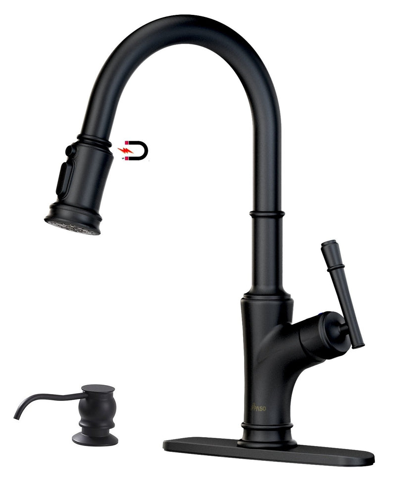 APPASO 135MB Pull Down Kitchen Faucet Matte Black with Magnetic Docking Sprayer and Soap Dispenser