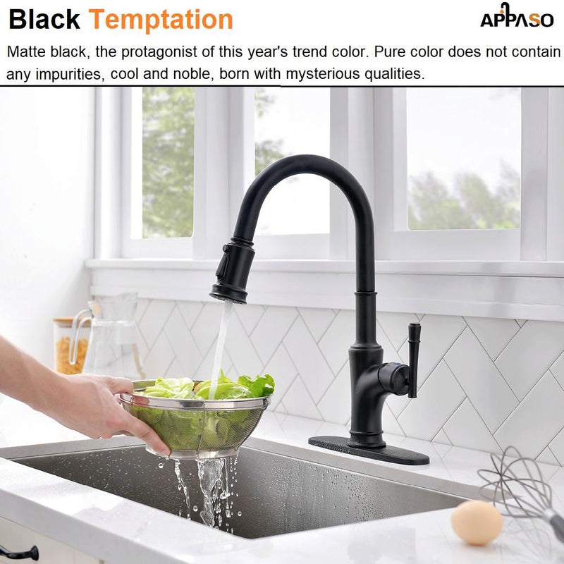 APPASO 135MB Pull Down Kitchen Faucet Matte Black with Magnetic Docking Sprayer and Soap Dispenser