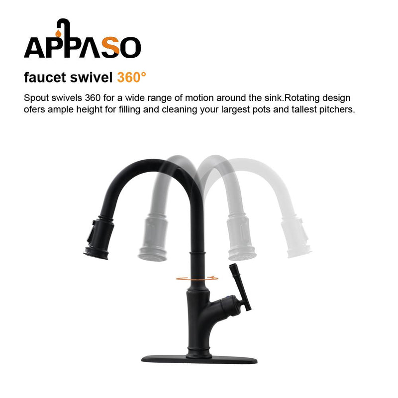 APPASO 135MB Pull Down Kitchen Faucet Matte Black with Magnetic Docking Sprayer and Soap Dispenser