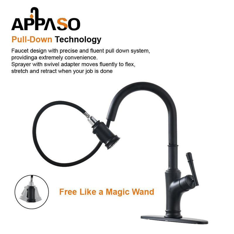 APPASO 135MB Pull Down Kitchen Faucet Matte Black with Magnetic Docking Sprayer and Soap Dispenser