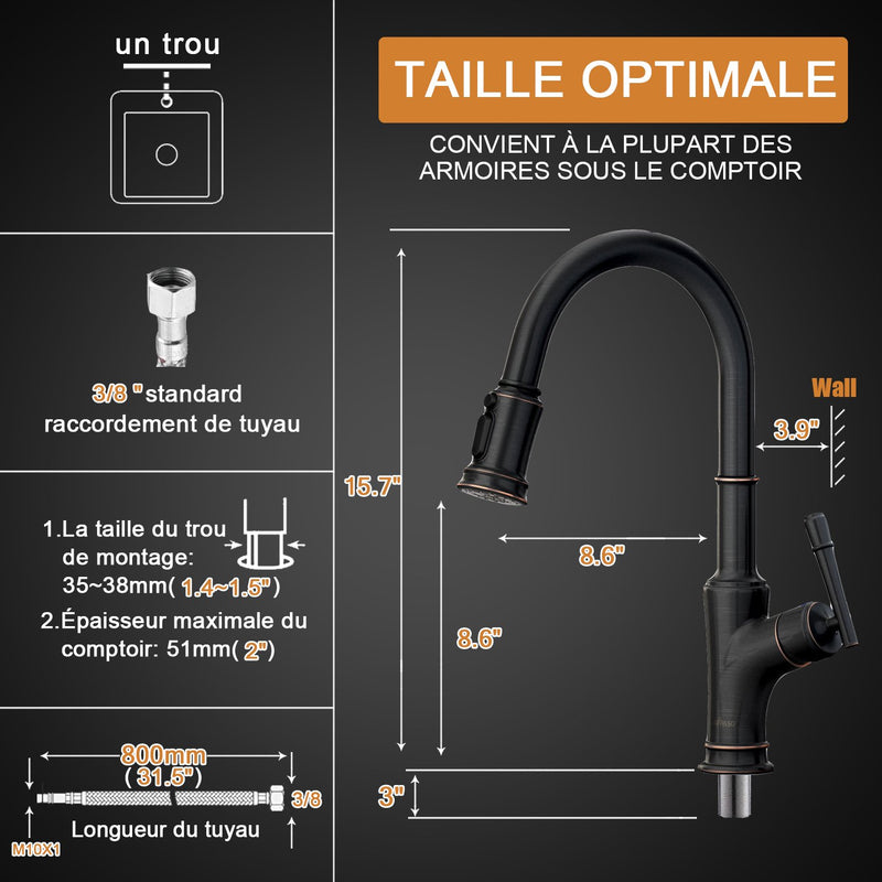 APPASO Mitigeur Monocommande Evier avec Douchette Extractible Robinet Cuisine 3 Jets en Laiton Massif Bronze Huilé