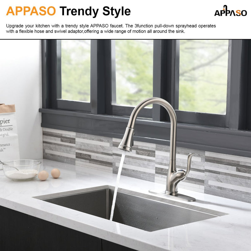 APPASO 148BN Single Handle Single Hole Kitchen Faucet Brushed Nickel with Pull Down Sprayer