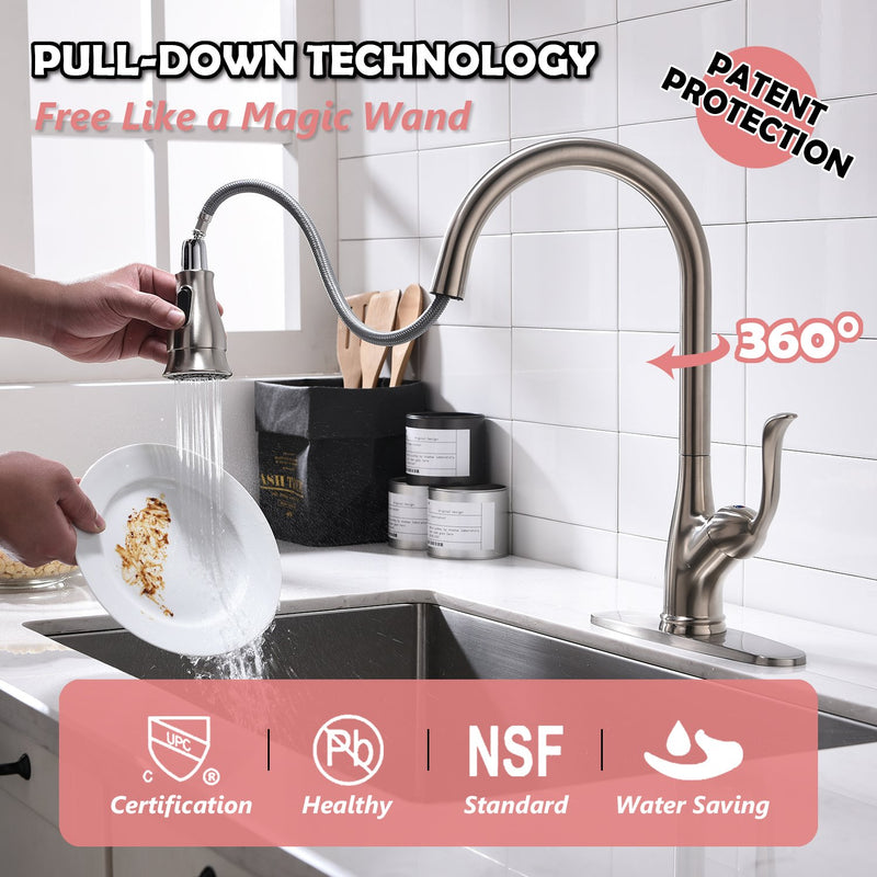 APPASO 157BN Kitchen Faucet Brushed Nickel with Pull Down Sprayer and Deck Plate