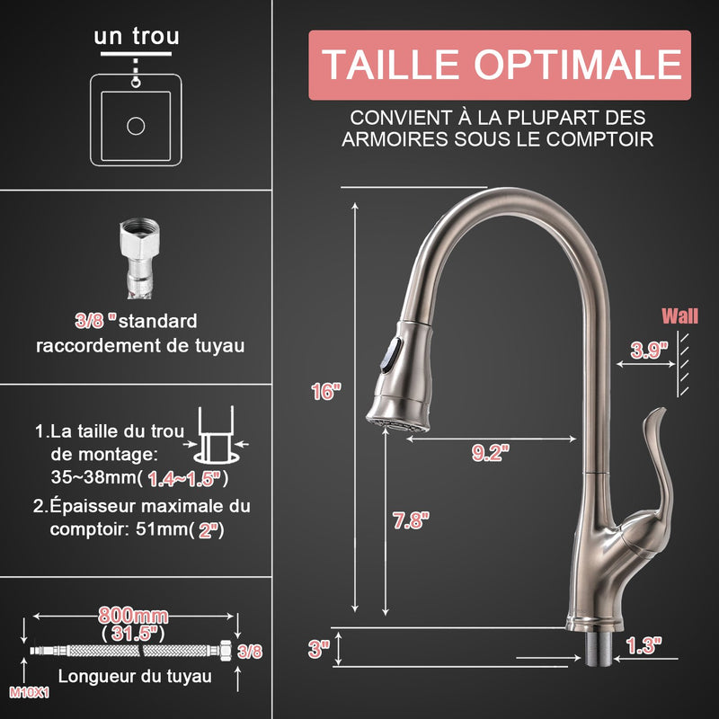 Mitigeur de Cuisine APPASO avec Douchette Extractible Robinet de Cuisine Bec Rabattable en Acier Inox Argent