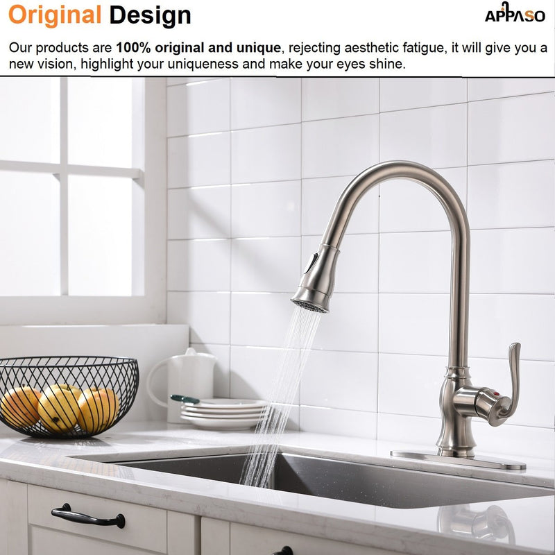 APPASO 158BN Kitchen Faucet Brushed Nickel with Pull Down Sprayer and Soap Dispenser