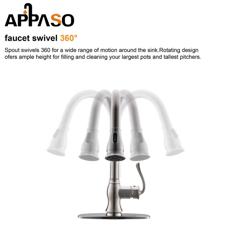 APPASO 158BN Kitchen Faucet Brushed Nickel with Pull Down Sprayer and Soap Dispenser