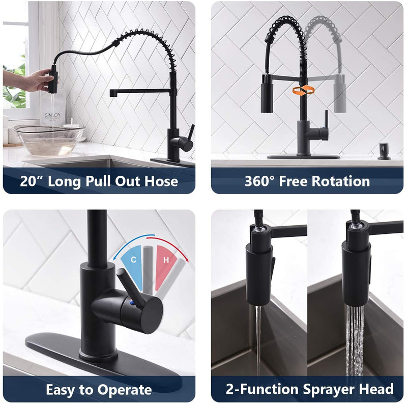 APPASO 163MB Modern Pull Down Spring Commercial Kitchen Faucet Matte Black with Soap Dispenser