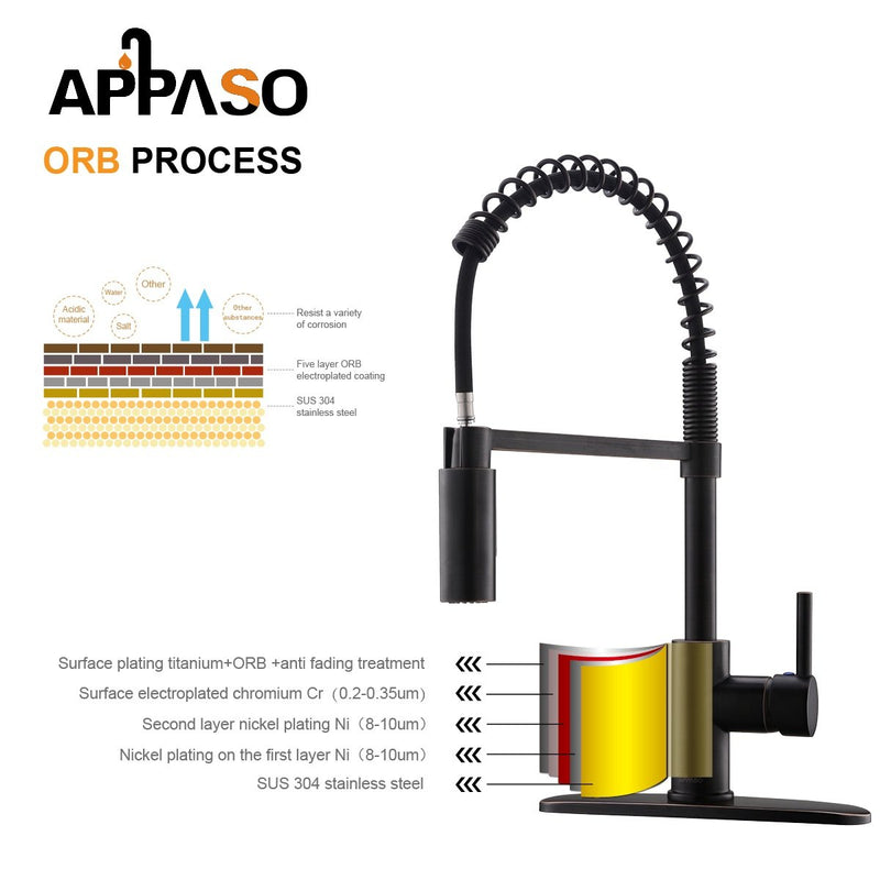 APPASO 163ORB Modern Spring Commercial Pull Down Kitchen Faucet Oil Rubbed Bronze with Soap Dispenser