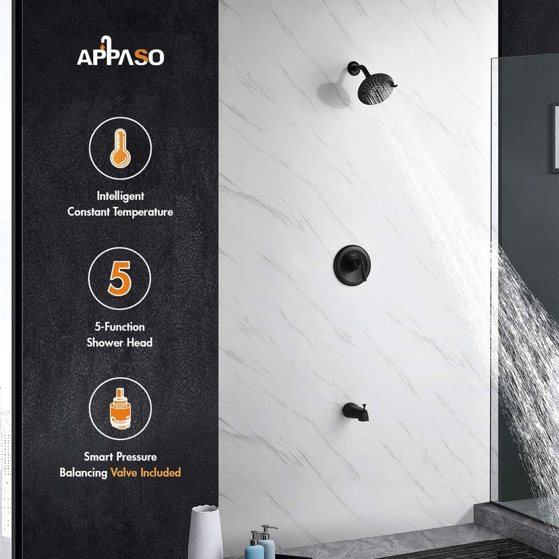 APPASO Trim Kit Wall Mount Shower Faucet Shower system with 5-Function Spray Head Matte Black 125MB