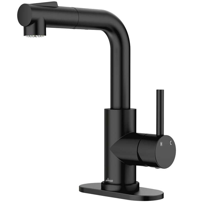 APPASO Black Bar Sink Faucet, Matte Black Kitchen Faucet with Pull-Out Sprayer, Modern Single Handle Bathroom Utility Faucet, Pull Down Spray Small Faucet for RV Camper Outdoor Restroom